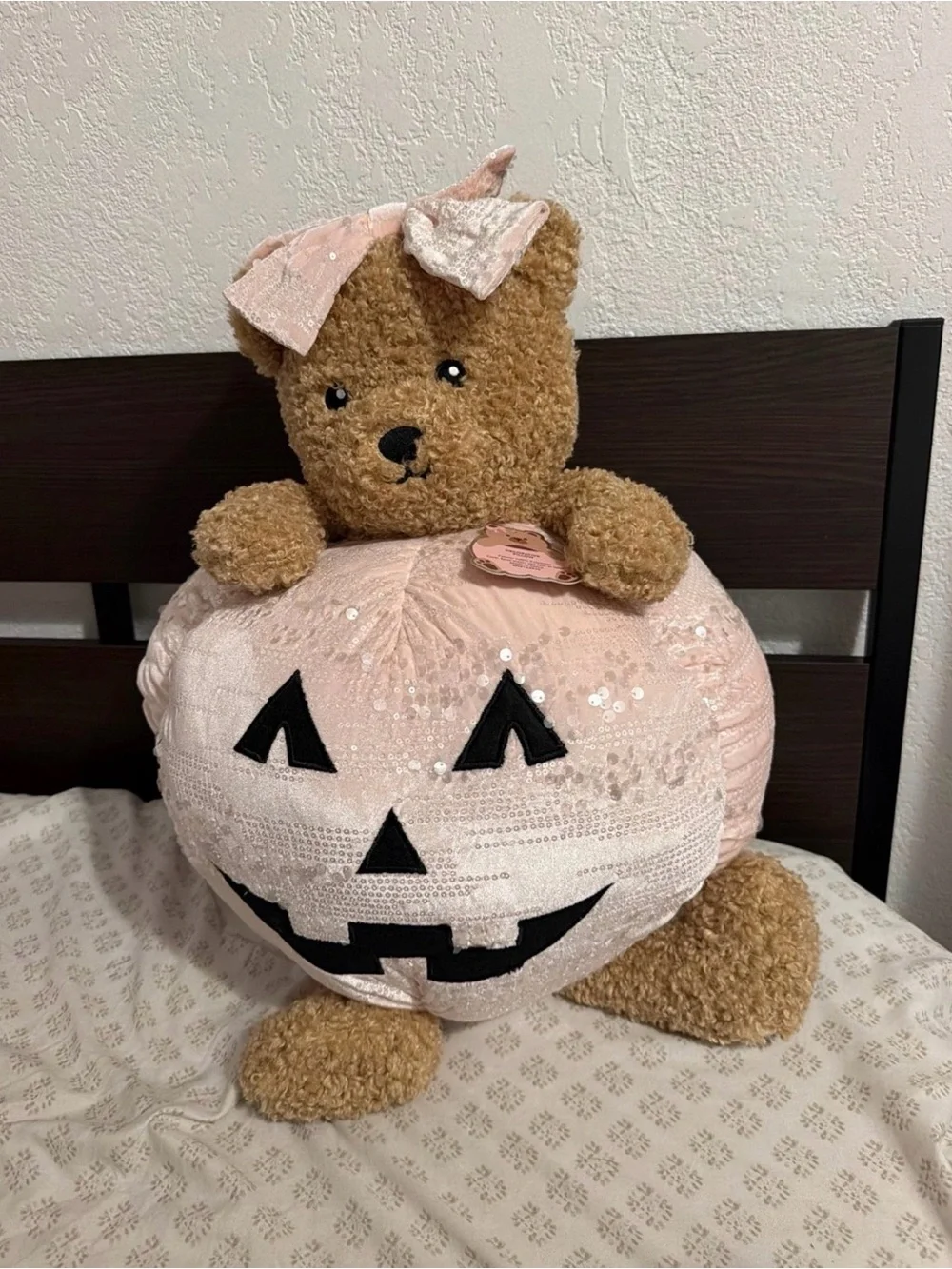 Plush Teddy Bear Pumpkin Pillow - Blush Pink & Brown